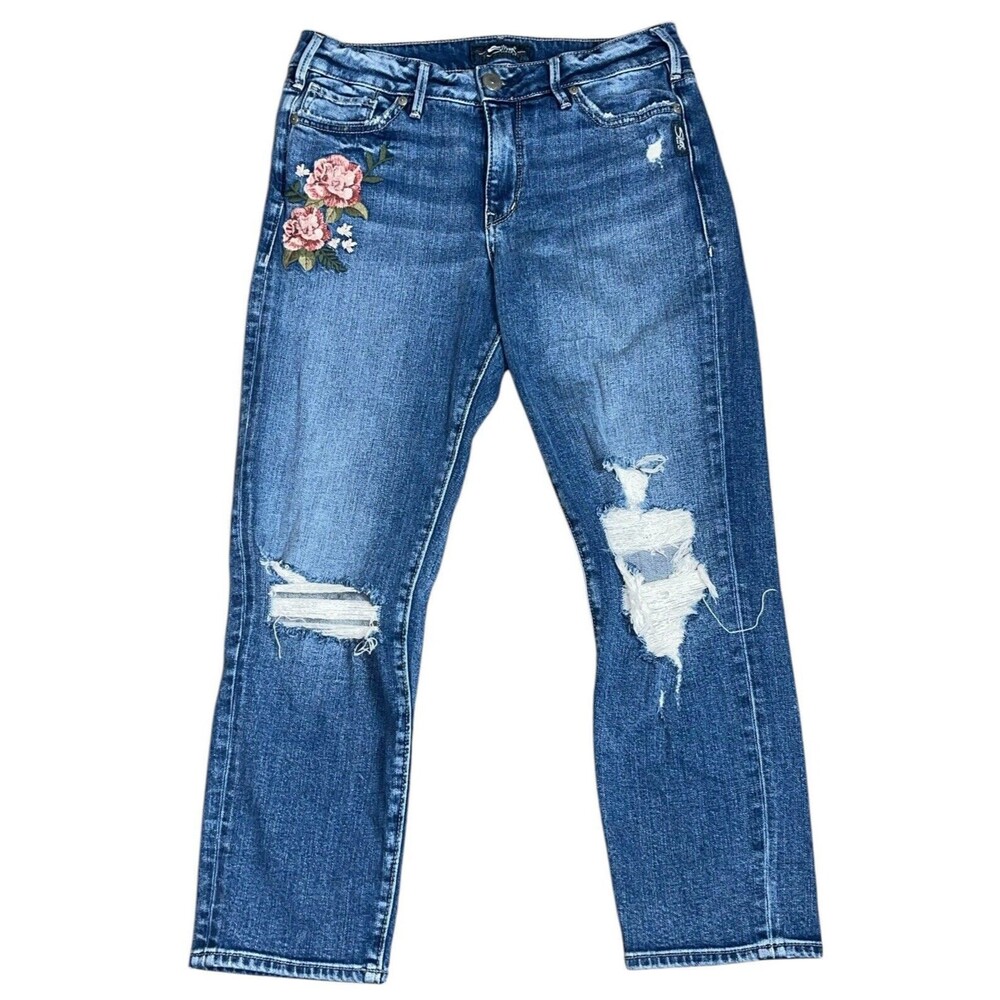Silver Jeans Womens Size 29 Mazy Slim Crop distressed Floral Medium Wash 29 X 26